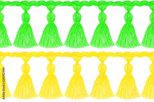 Tassel patterns set. Fringe borders. Knitting. Sewing. Trendy fashion design. Sketch. Clothes decoration. Ethnic. Folk. Vintage. Boho style.