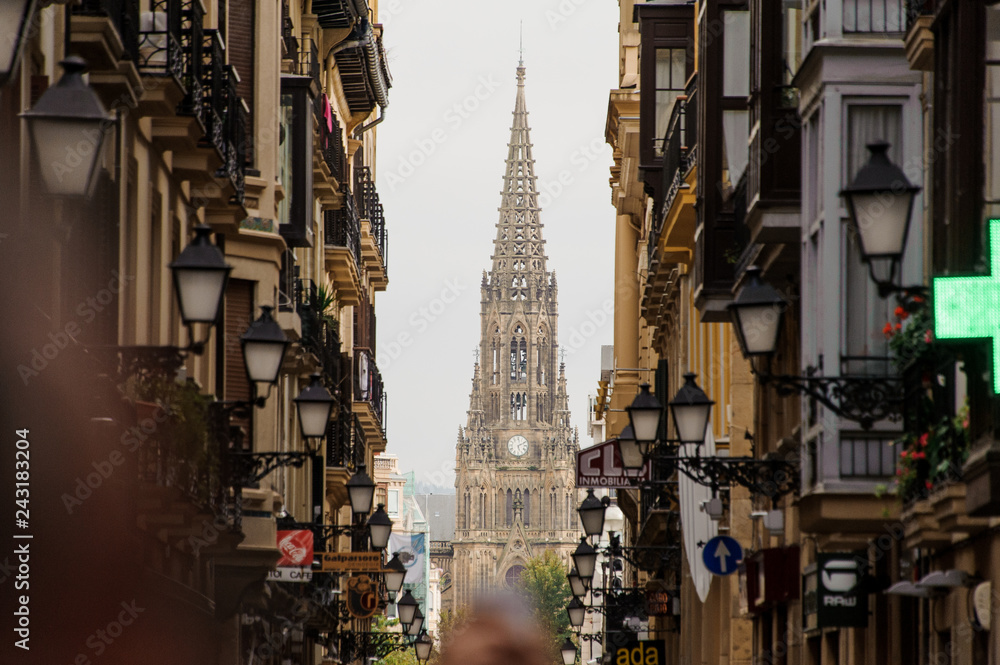SPAIN, SAN SEBASTIAN - SEPTEMBER 18, 2018: Beautiful view from street of a church in city vicinities on autumn day