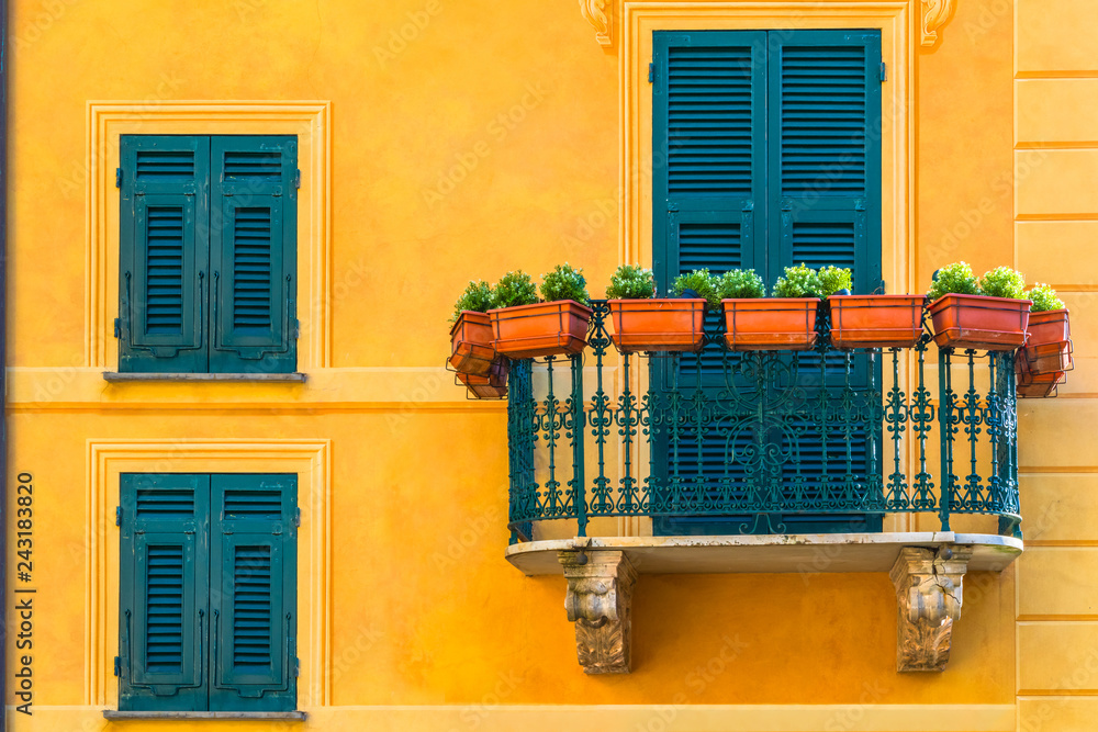 Famous italian coastal city Portofino with colorful close up balconies in Italy, Liguria sea coast