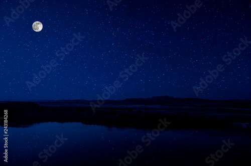 Landscape of gorgeous full moon over the snow-capped mountains reflected in the lake or mysterious night sky with full moon. Azerbaijan