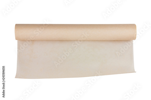 One roll of brown baker paper isolated on white background. Top view. Flat lay. Clipping path - image