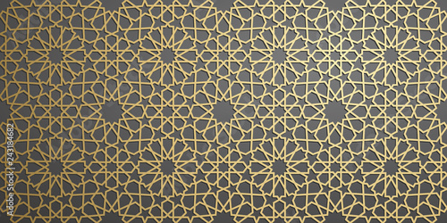 Islamic ornament vector , persian motiff . 3d ramadan islamic round pattern elements . Geometric circular ornamental arabic symbol vector . Gold background photo