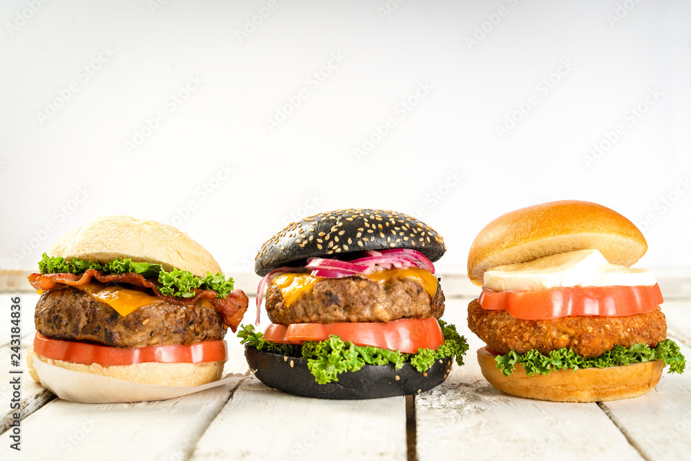 tasty grilled beef chicken burger sandwich salad garnish bun