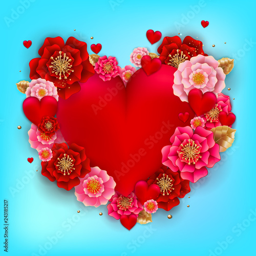 Happy Valentine's day banner with beautiful colorful flowers and hearts on blue background. Can be used for template, banners, wallpaper, flyers, invitation, posters, brochure, voucher discount.Vector
