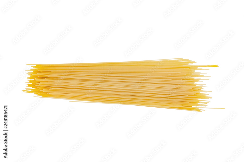 One heap of raw long spaghetti isolated on white background. Top view One heap of raw long spaghetti isolated on white background. Top view