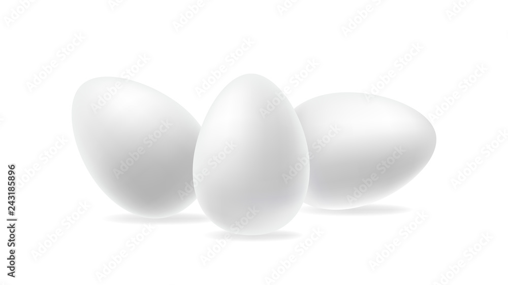Three realistic white Easter eggs arranged at different angles an isolated background vector illustration. Three realistic white Easter eggs arranged at different angles an isolated background vector illustration.
