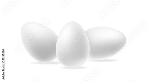 Three realistic white Easter eggs arranged at different angles  an isolated background vector illustration. 