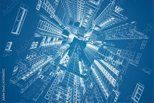 Modern architecture wireframe. Concept of urban wireframe. Wireframe building illustration of architecture CAD drawing.