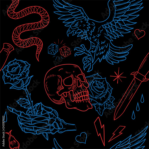 Old school tattoo neon line pattern 