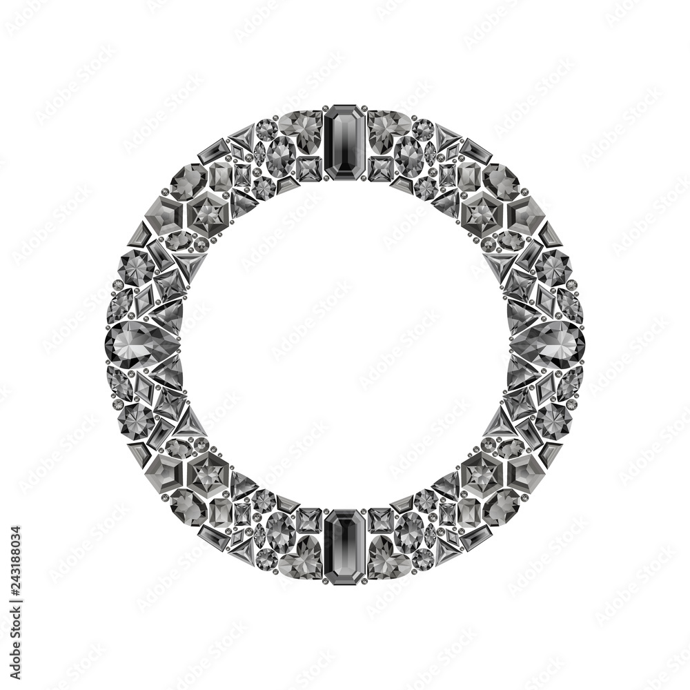 Round frame made of realistic white diamonds with complex cuts isolated on white background. Jewel and jewelry. Colorful gems and gemstones. Trilliant, pear, oval, marquise, heart, triangle, lozenge. Round frame made of realistic white diamonds with complex cuts isolated on white background. Jewel and jewelry. Colorful gems and gemstones. Trilliant, pear, oval, marquise, heart, triangle, lozenge.
