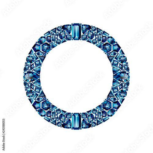 Round frame made of realistic blue amethysts with complex cuts isolated on white background. Jewel and jewelry. Colorful gems and gemstones. Trilliant, pear, oval, marquise, heart, triangle, lozenge.