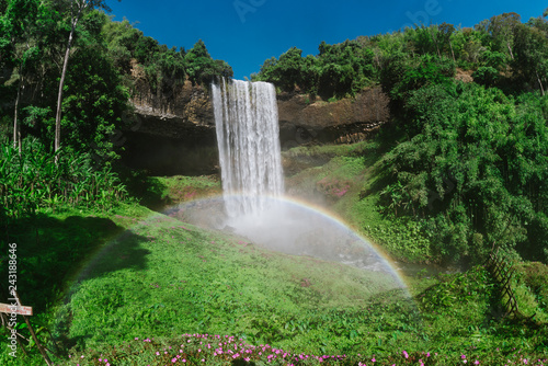 Tad Tayicsua or Tad Alang Waterfall with a rainbow near Pakse  Southern Laos