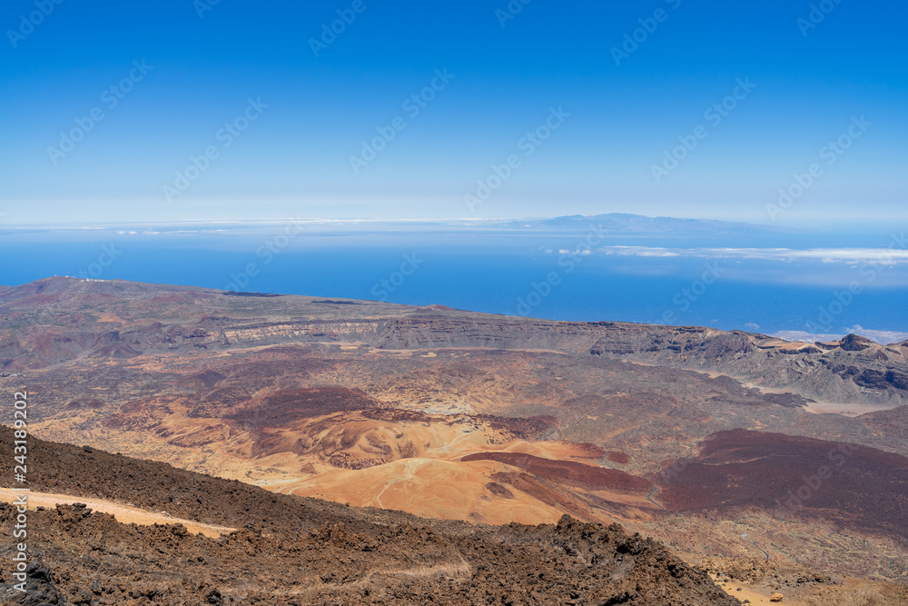 The lava fields of Las Canadas caldera of Teide volcano. View of the valley from the top of the volcano. Tenerife. Canary Islands. Spain.
