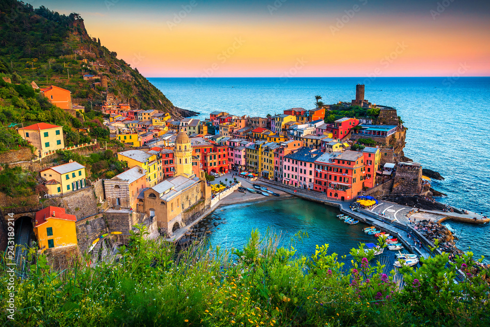 Famous touristic town of Liguria with beaches and colorful houses