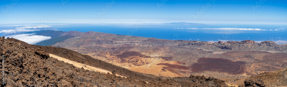 Panoramic view of the lava fields of Las Canadas caldera of Teide volcano. View of the valley from the top of the volcano. Tenerife. Canary Islands. Spain.