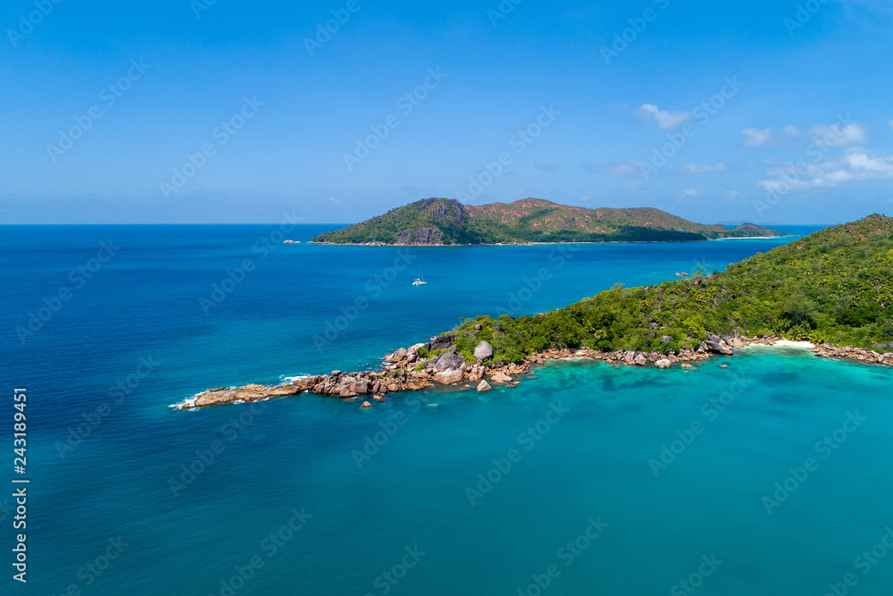 Aerial view of beautiful island at Seychelles in the Indian Ocean. Top view from drone