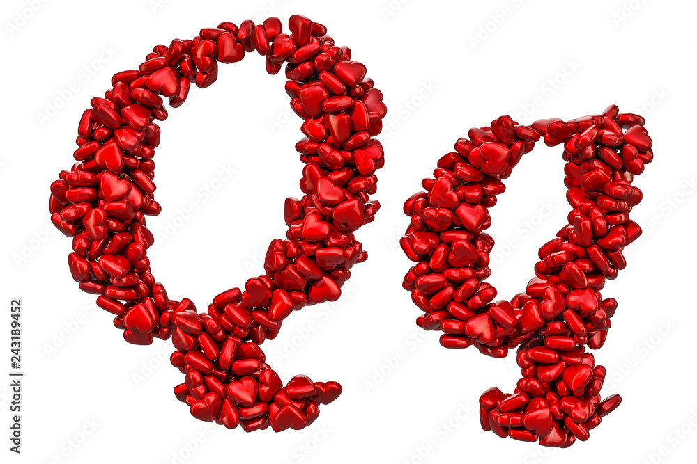 Cursive letter Q from red hearts, capital and small letters. 3D rendering Cursive letter Q from red hearts, capital and small letters. 3D rendering