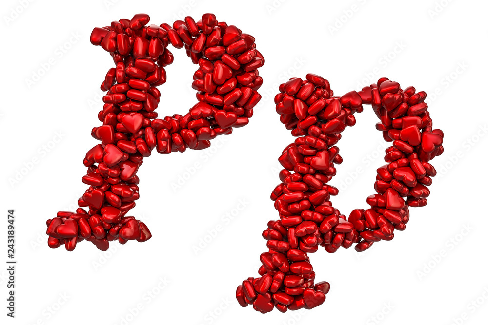 Cursive letter P from red hearts, capital and small letters. 3D rendering Cursive letter P from red hearts, capital and small letters. 3D rendering