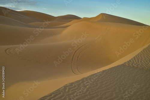 off road recreational vehicle tire tracks in sand dune landscape