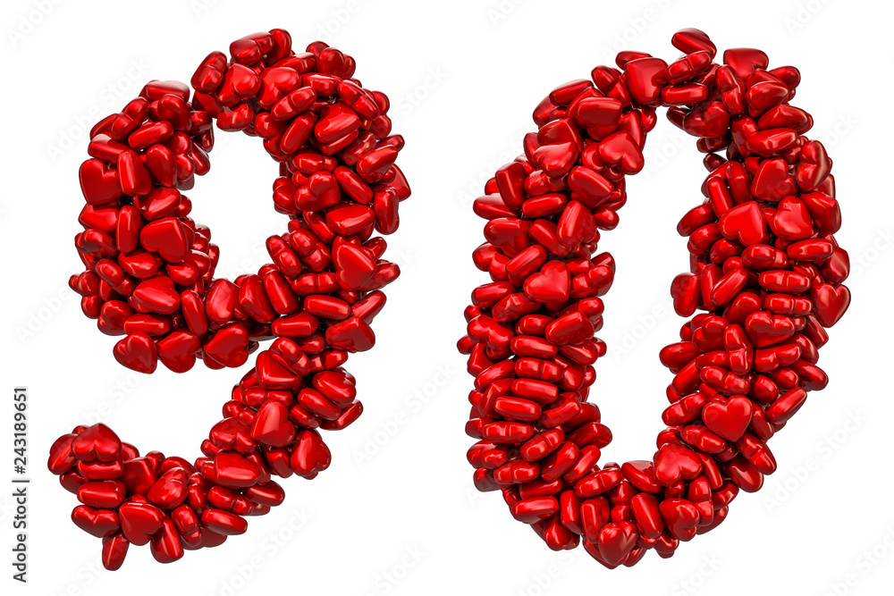 9, 0 numbers from red hearts, 3D rendering