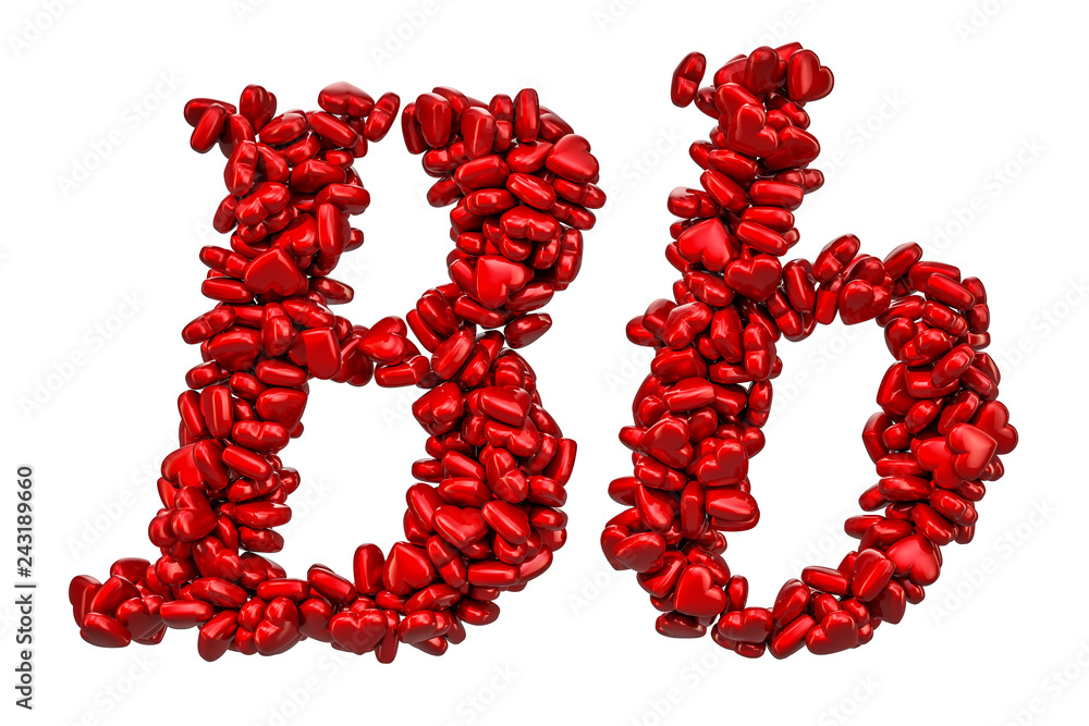 Cursive letter B from red hearts, capital and small letters. 3D rendering Cursive letter B from red hearts, capital and small letters. 3D rendering