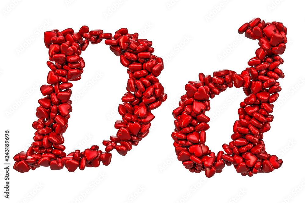 Cursive letter D from red hearts, capital and small letters. 3D rendering Cursive letter D from red hearts, capital and small letters. 3D rendering