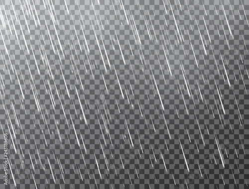 Realistic rain on transparent background. Falling water drops. Rainfall texture. Rain storm. Rainy cloudy backdrop. Vector illustration