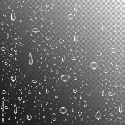 Rain drops or steam shower. Realistic water drops on transparent background. Clear vapor bubbles on window glass surface. Condensed pure droplets. Vector illustration