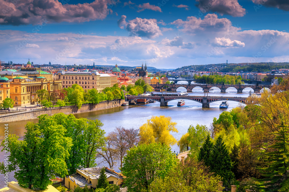 Fantastic cityscape panorama with bridges and river, Prague, Czech Republic