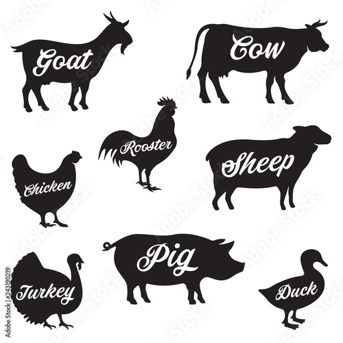 Set of butchery logo. Farm animals silhouettes collection for groceries, meat stores, packaging and advertising. Beef, pork, chicken, milk labels.