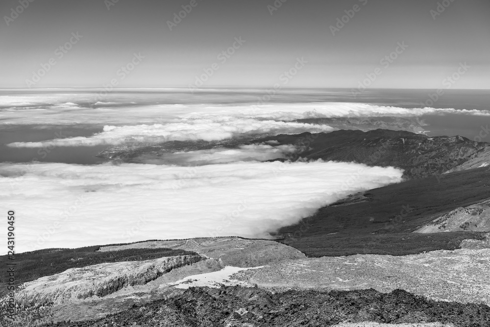 The northern slope and lava deposits at the top and the valley of the Teide volcano. Tenerife. Canary Islands. Spain. Black and white.