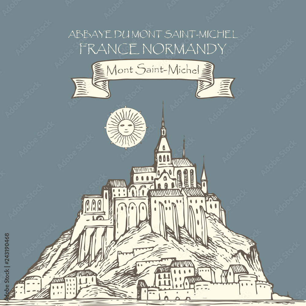 Vector banner in retro style with hand drawn illustration of Mont Saint-Michel, France. French sightseeing, abbey fortress on the island.