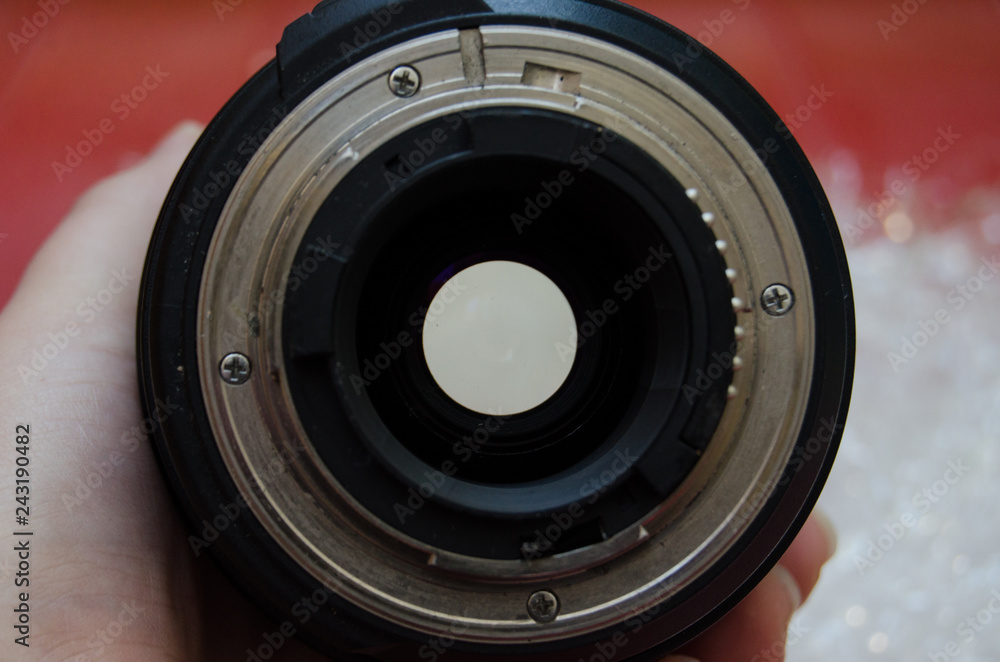 The flange of a F-mountlens, including aperture lever and CPU contacts