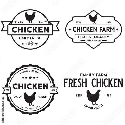 Set of chicken logo, retro print, poster for Butchery meat shop, farm etc. Farm Products, Organic and chicken silhouette.