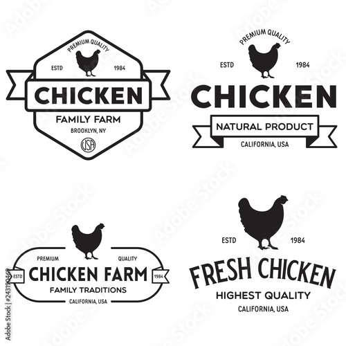 Set of chicken logo, retro print, poster for Butchery meat shop, farm etc. Farm Products, Organic and chicken silhouette.