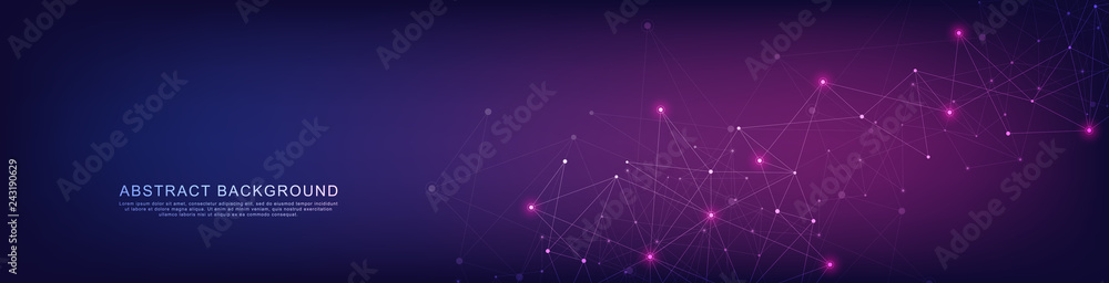 Website header or banner design with geometric abstract background of connected dots and lines. Vector illustration with plexus background and space for your text. - obrazy, fototapety, plakaty 