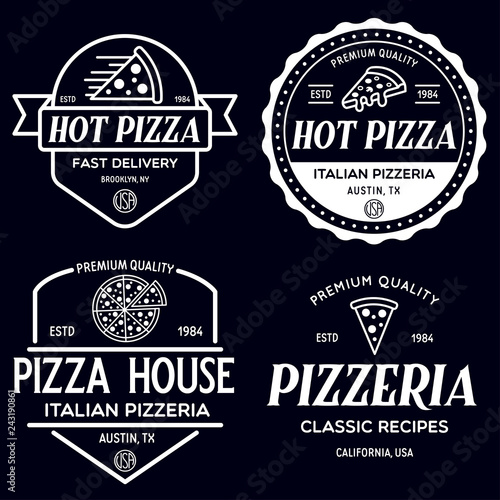 Set of pizza logo, badges, banners, emblems for fast food restaurant. Collection labels for menu design restaurant or pizzeria.