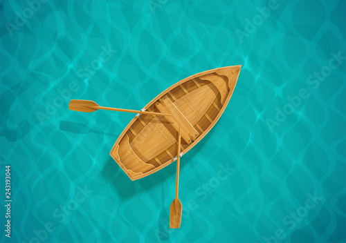 Sea water and wooden boat. Ocean surface with wave. Sailing