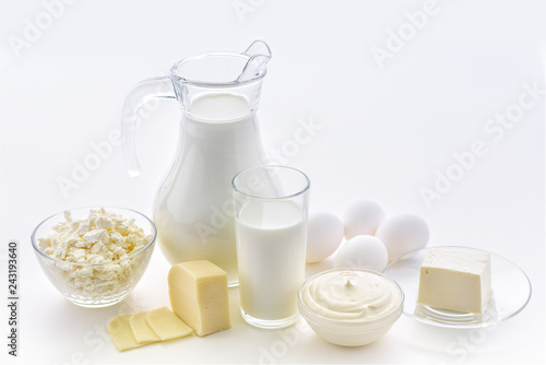 Milk, cottage cheese, sour cream, cheese, butter, eggs, still life from healthy dairy products. Dairy nutrition is good for children's health. Homemade milk and what can be made from milk.