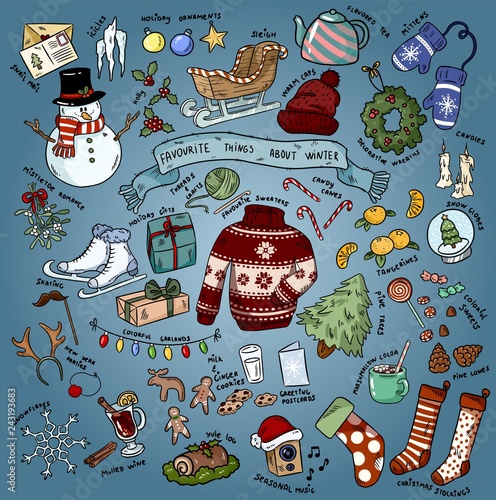 Christmas winter favourites colorful doodles with lettering. Vector illustration