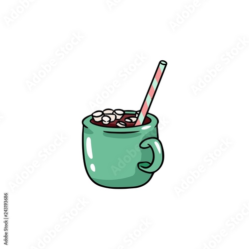 Cute cartoon image with a cup of hot chocolate and marshmallow