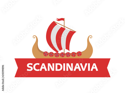 Flat logo emblem with Scandinavian drakkar - Vikings Ship and caption - War Boat of ancient norse warriors.