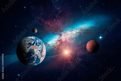 Fototapeta Naklejka Na Ścianę i Meble -  Planets of the solar system against the background of a spiral galaxy in space. Elements of this image furnished by NASA.