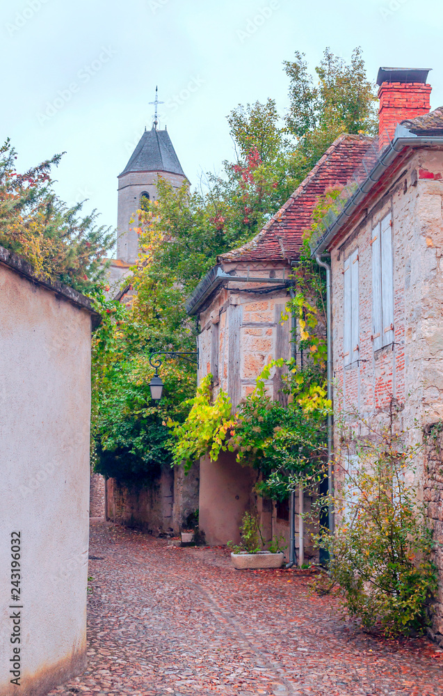 Naklejka premium Medieval village of Aquitaine with its stone houses in the south of France on a cloudy day.