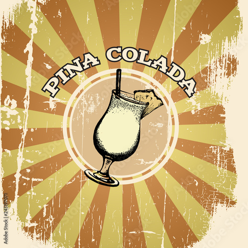 Vector illustration of pina colada glass made in hand drawn style. Vector template for business card, banner, poster and print.  Bar menu design. Cocktail party icon.
