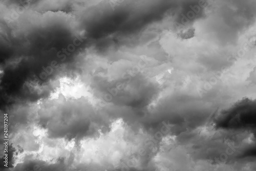 Black and White shot of a dramatic sky with thunder clouds.