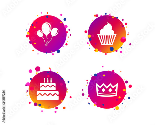 Birthday crown party icons. Cake and cupcake signs. Air balloons with rope symbol. Gradient circle buttons with icons. Random dots design. Vector