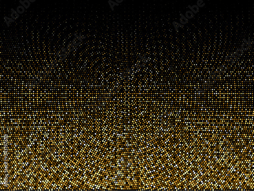 Golden shiny halftone effect pattern. Gold round glitter dots texture. Dots pop art background. Yellow dots on black Background. Random color gradient vector  gold ornament. Abstract design element
