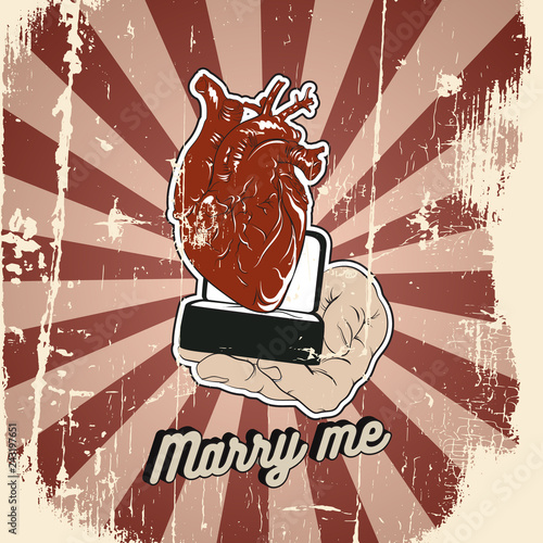 Marry me. Quote typographical background with illustration of hand  and human heart in cartoon hand drawn style. Vector template for poster card badge and banner.