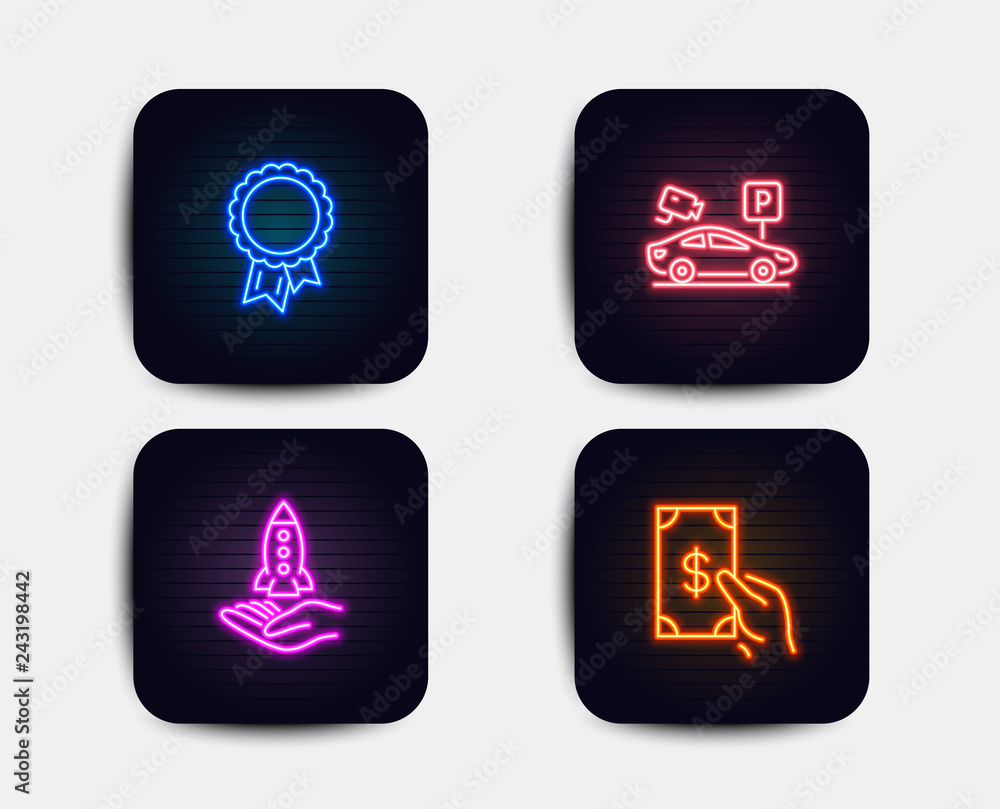 Neon glow lights. Set of Parking security, Crowdfunding and Success icons. Receive money sign. Video camera, Start business, Award reward. Cash payment. Neon icons. Glowing light banners. Vector Neon glow lights. Set of Parking security, Crowdfunding and Success icons. Receive money sign. Video camera, Start business, Award reward. Cash payment. Neon icons. Glowing light banners. Vector